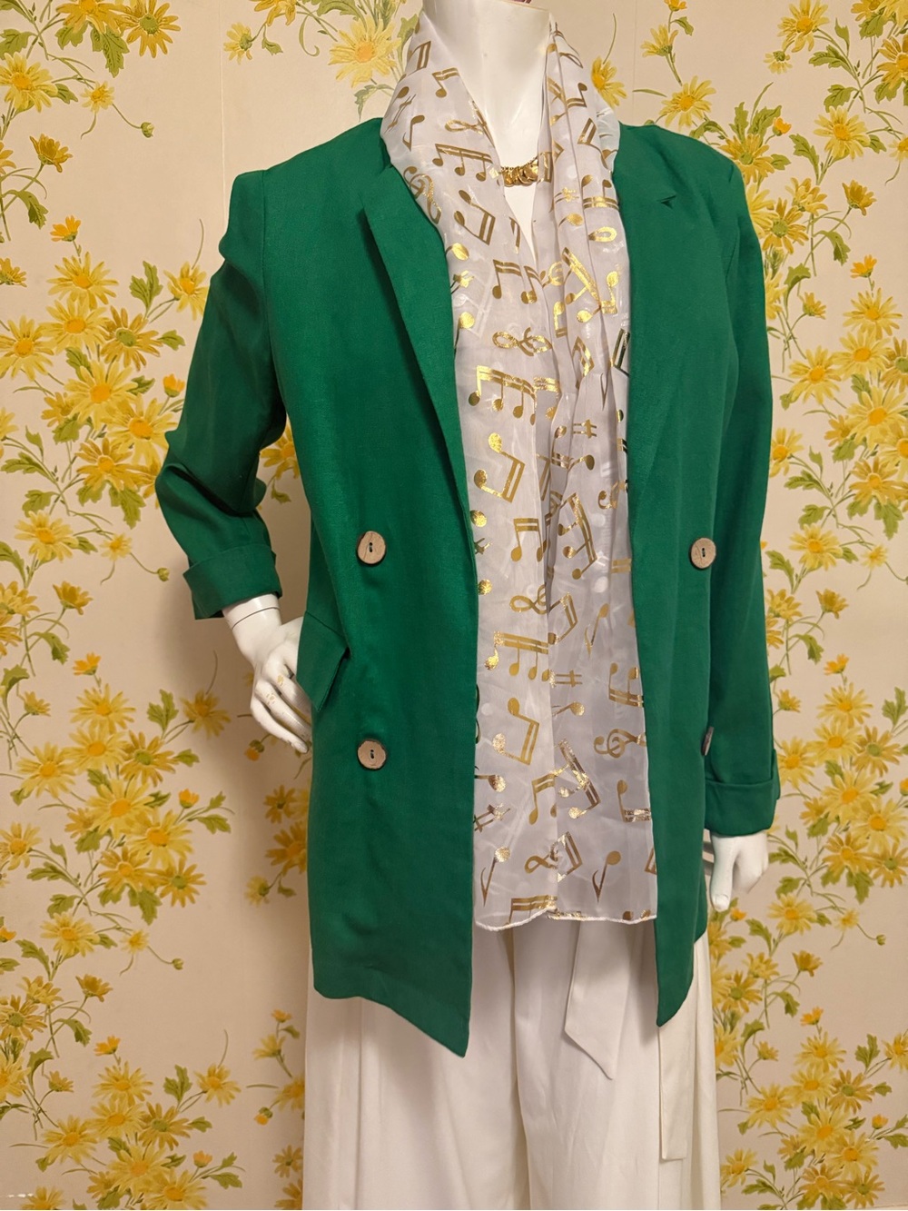 Gold foil music notes chiffon scarf white